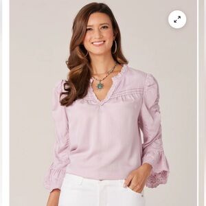 Democracy NWT Icy Violet Scalloped Sleeve V-Notch Neck Pintuck Tencel Woven Top